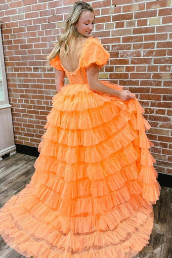 Orange A-Line Off the Shoulder Corset Ruffle Tiered Tulle Long Prom Dress with Slit