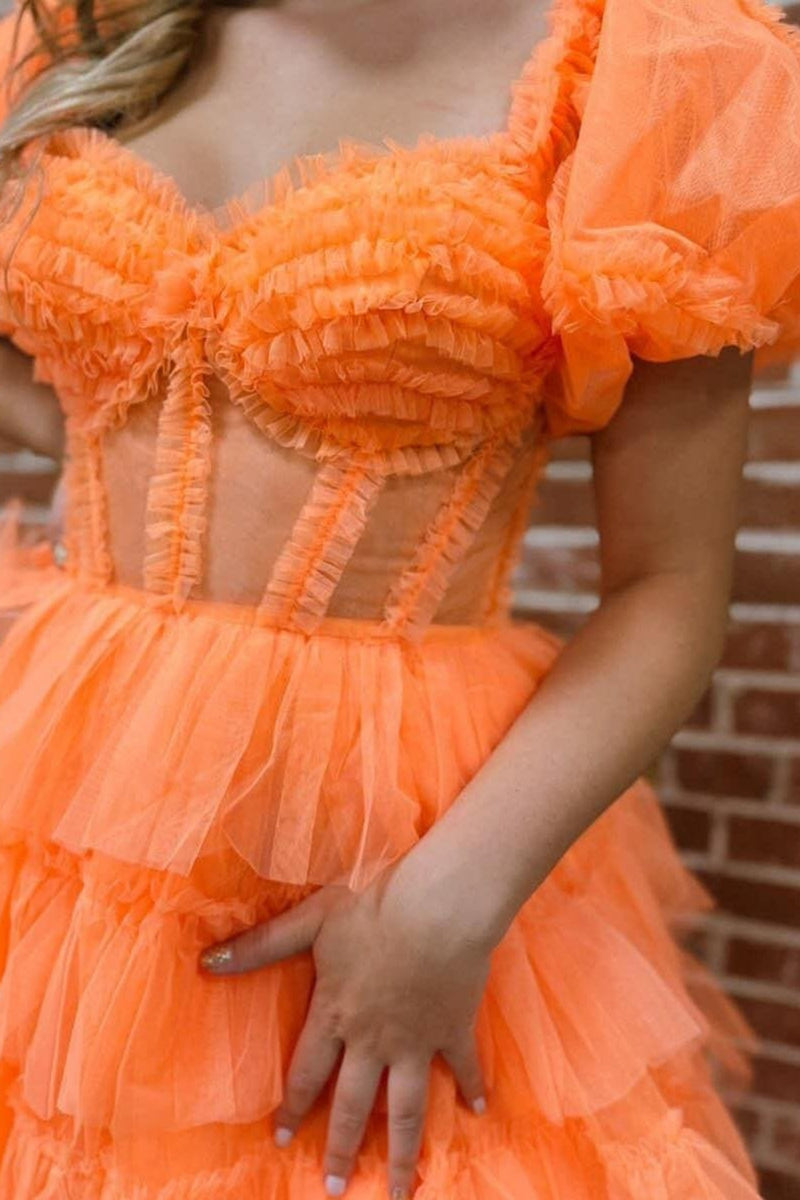 Load image into Gallery viewer, Orange A-Line Off the Shoulder Corset Ruffle Tiered Tulle Long Prom Dress with Slit