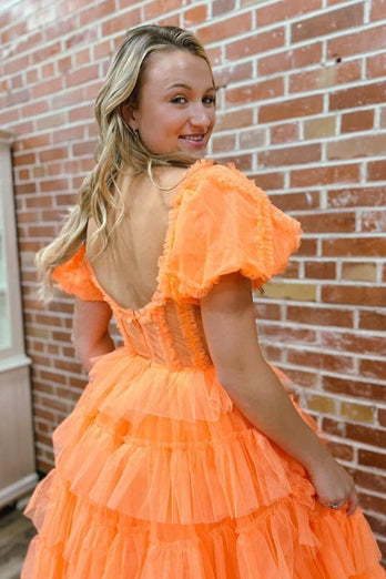 Orange A-Line Off the Shoulder Corset Ruffle Tiered Tulle Long Prom Dress with Slit