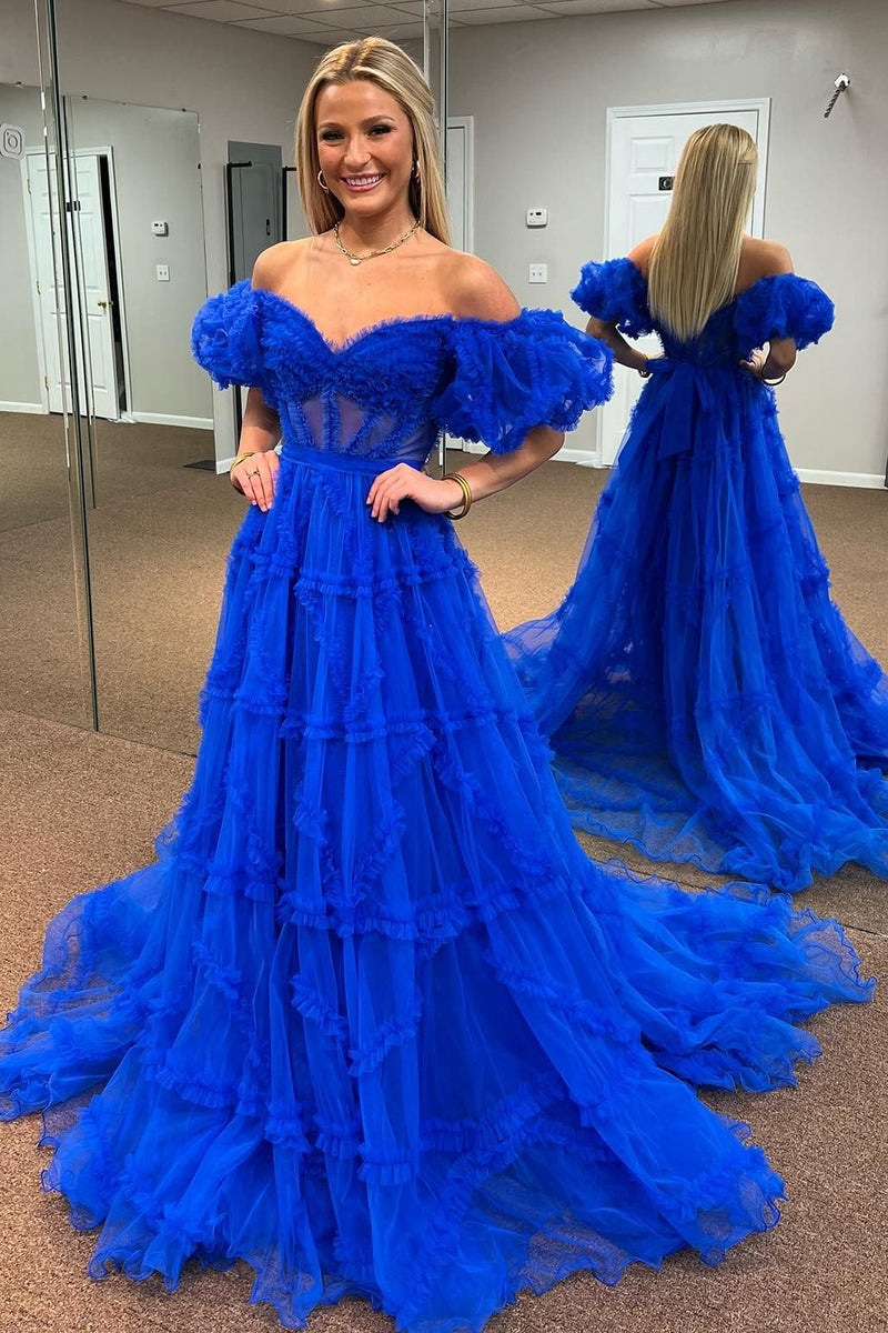 Load image into Gallery viewer, Off The Shoulder Royal Blue Corset Prom Dress