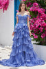 Load image into Gallery viewer, Off the Shoulder Dark Blue Corset Prom Dress with Slit