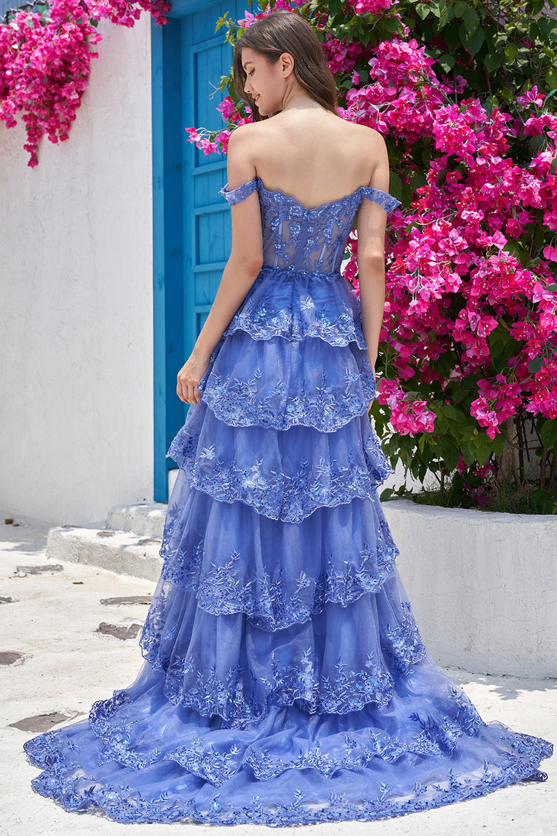 Load image into Gallery viewer, Off the Shoulder Dark Blue Corset Prom Dress with Slit