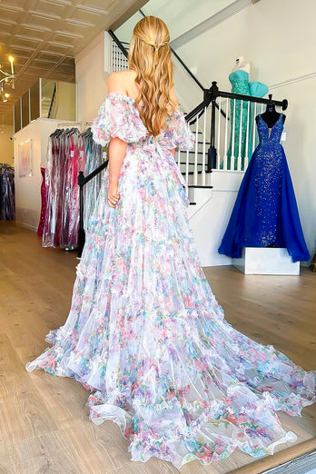 White Green Floral Off the Shoulder Long Prom Dress_1