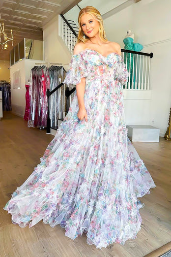 White Green Floral Off the Shoulder Long Prom Dress_2