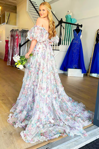 White Green Floral Off the Shoulder Long Prom Dress_5