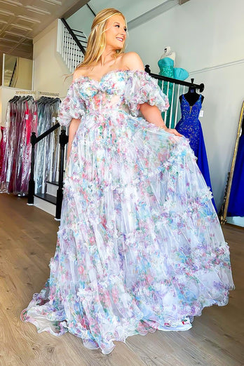 White Green Floral Off the Shoulder Long Prom Dress_6