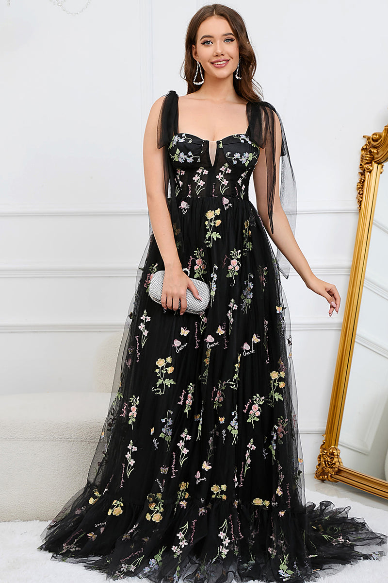 Load image into Gallery viewer, A-Line Tulle Spaghetti Straps Black Long Prom Dress with Embroidery