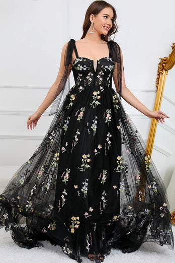 A-Line Tulle Spaghetti Straps Black Long Prom Dress with Embroidery