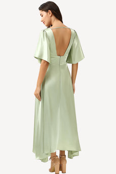 Satin Light Green Long Prom Dress with Button