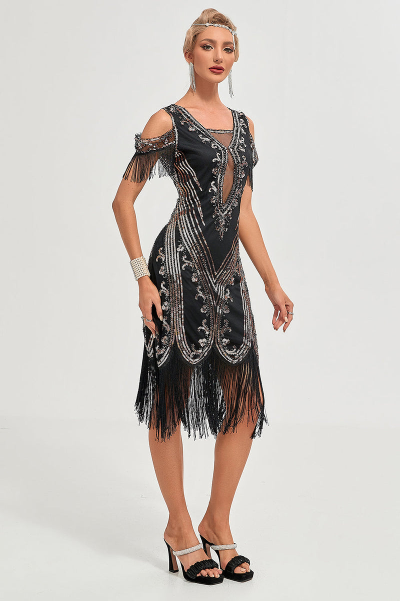 Load image into Gallery viewer, Green Sheath Off the Shoulder Sequins 1920s Dress With Tassels