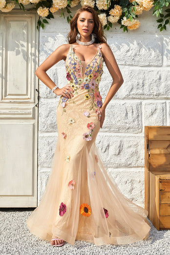 Spaghetti Straps Champagne Long Prom Dress with Appliques