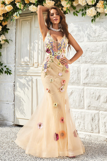 Spaghetti Straps Champagne Long Prom Dress with Appliques