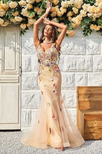 Spaghetti Straps Champagne Long Prom Dress with Appliques