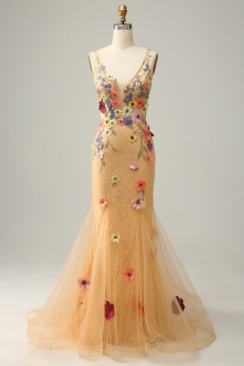 Load image into Gallery viewer, Spaghetti Straps Champagne Long Prom Dress with Appliques