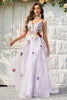 Load image into Gallery viewer, Tulle Backless Lavender Long Prom Dress with Embroidery