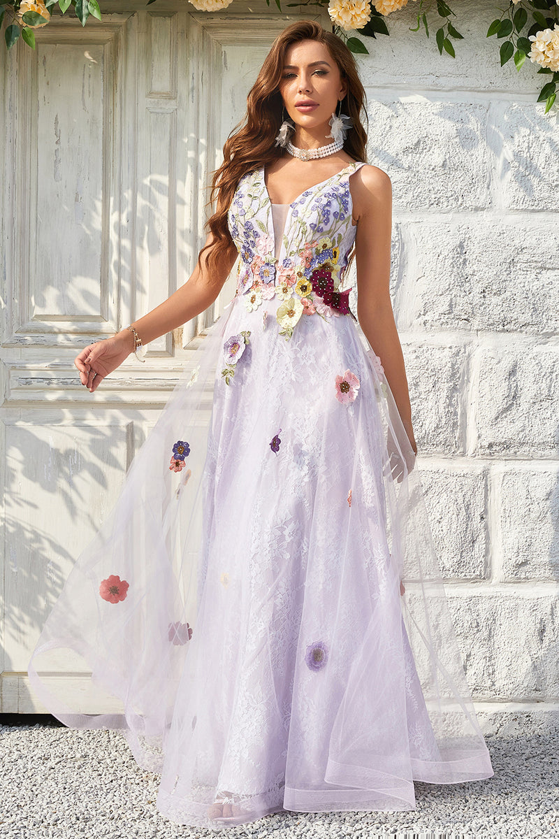 Load image into Gallery viewer, Tulle Backless Lavender Long Prom Dress with Embroidery