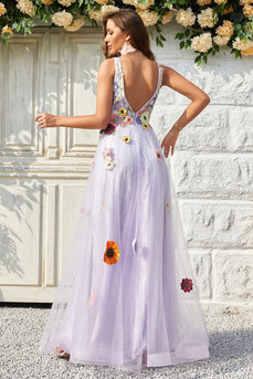 Tulle V-Neck Lavender Long Prom Dress with Embroidery