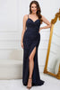 Load image into Gallery viewer, Spaghetti Straps Beaded Dark Green Long Prom Dress with Slit