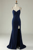 Load image into Gallery viewer, Spaghetti Straps Mermaid Navy Long Prom Dress with Slit