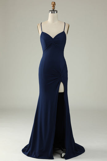 Spaghetti Straps Mermaid Navy Long Prom Dress with Slit