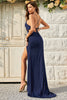 Load image into Gallery viewer, Spaghetti Straps Mermaid Navy Long Prom Dress with Slit