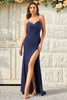 Load image into Gallery viewer, Spaghetti Straps Mermaid Navy Long Prom Dress with Slit