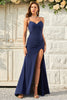 Load image into Gallery viewer, Spaghetti Straps Mermaid Navy Long Prom Dress with Slit