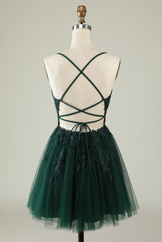 V-Neck Dark Green Beaded Short Prom Dress with Appliques