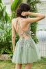 Load image into Gallery viewer, V-Neck Grey Blue Beaded Short Prom Dress with Appliques