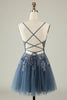 Load image into Gallery viewer, V-Neck Grey Blue Beaded Short Prom Dress with Appliques