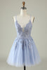 Load image into Gallery viewer, V-Neck Grey Blue Beaded Short Prom Dress with Appliques