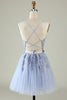 Load image into Gallery viewer, V-Neck Grey Blue Beaded Short Prom Dress with Appliques