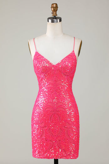 Sparkly Lace-Up Back Fuchsia Short Prom Dress