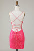 Load image into Gallery viewer, Sparkly Lace-Up Back Fuchsia Short Prom Dress