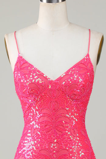 Sparkly Lace-Up Back Fuchsia Short Prom Dress