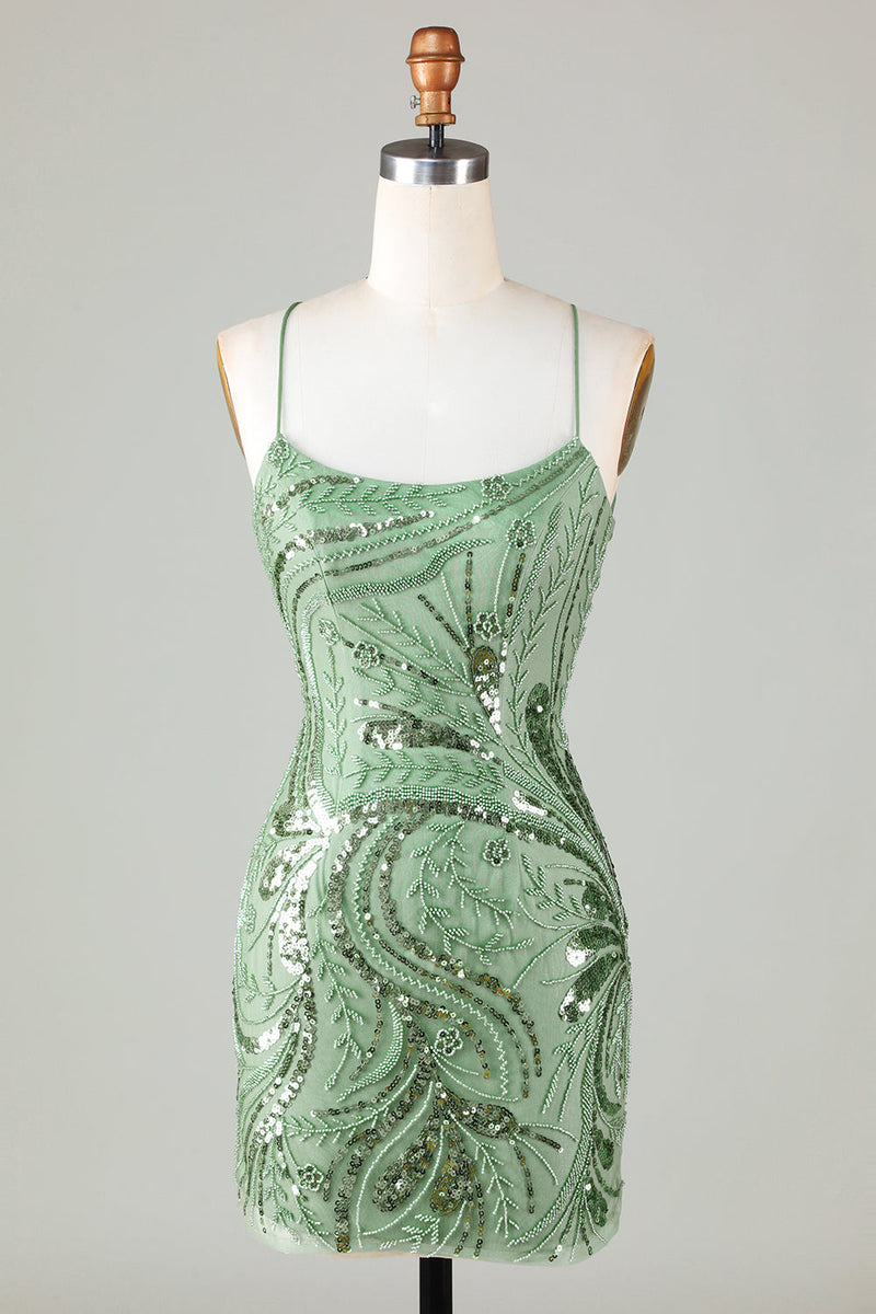 Load image into Gallery viewer, Green Bodycon Lace Up Sequined Short Party Dress