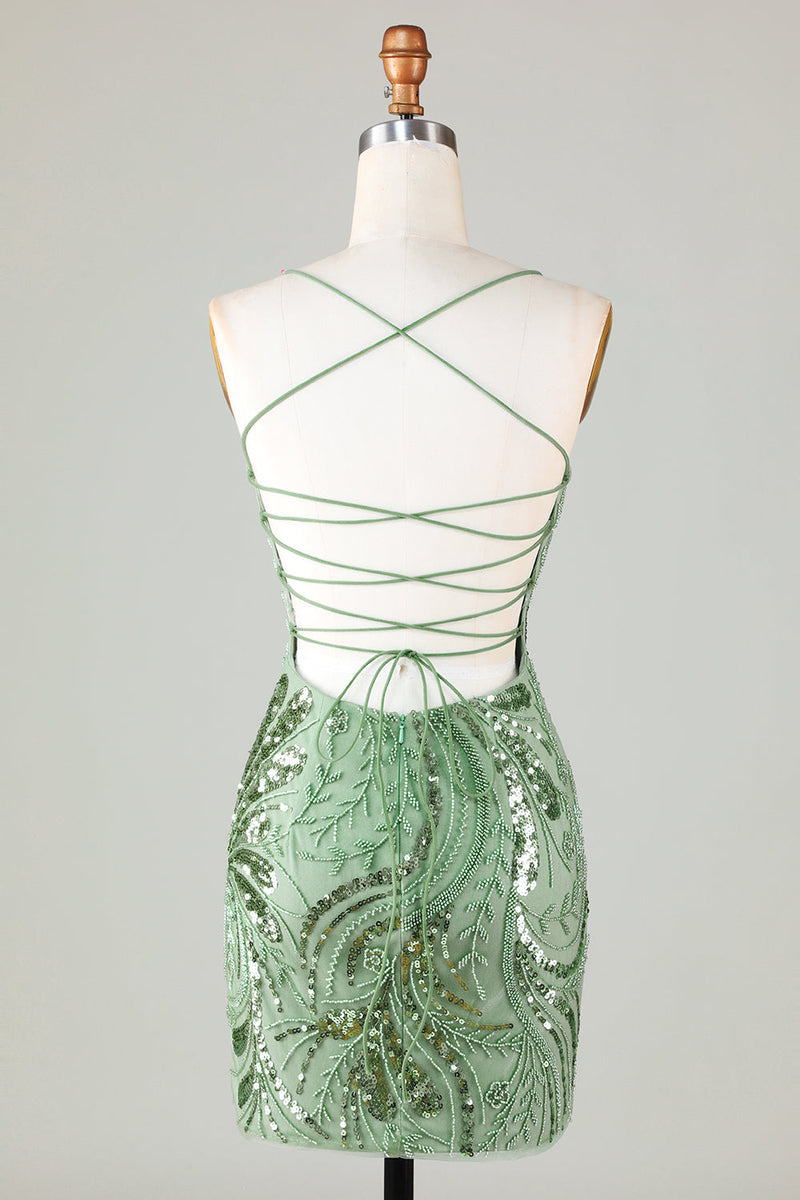 Load image into Gallery viewer, Green Bodycon Lace Up Sequined Short Party Dress