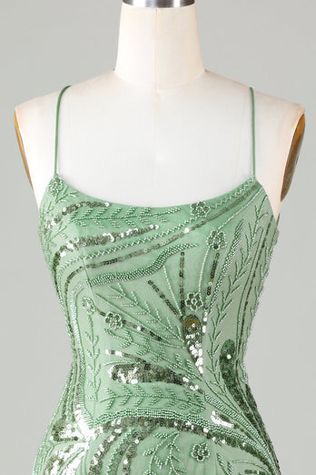 Green Bodycon Lace Up Sequined Short Party Dress