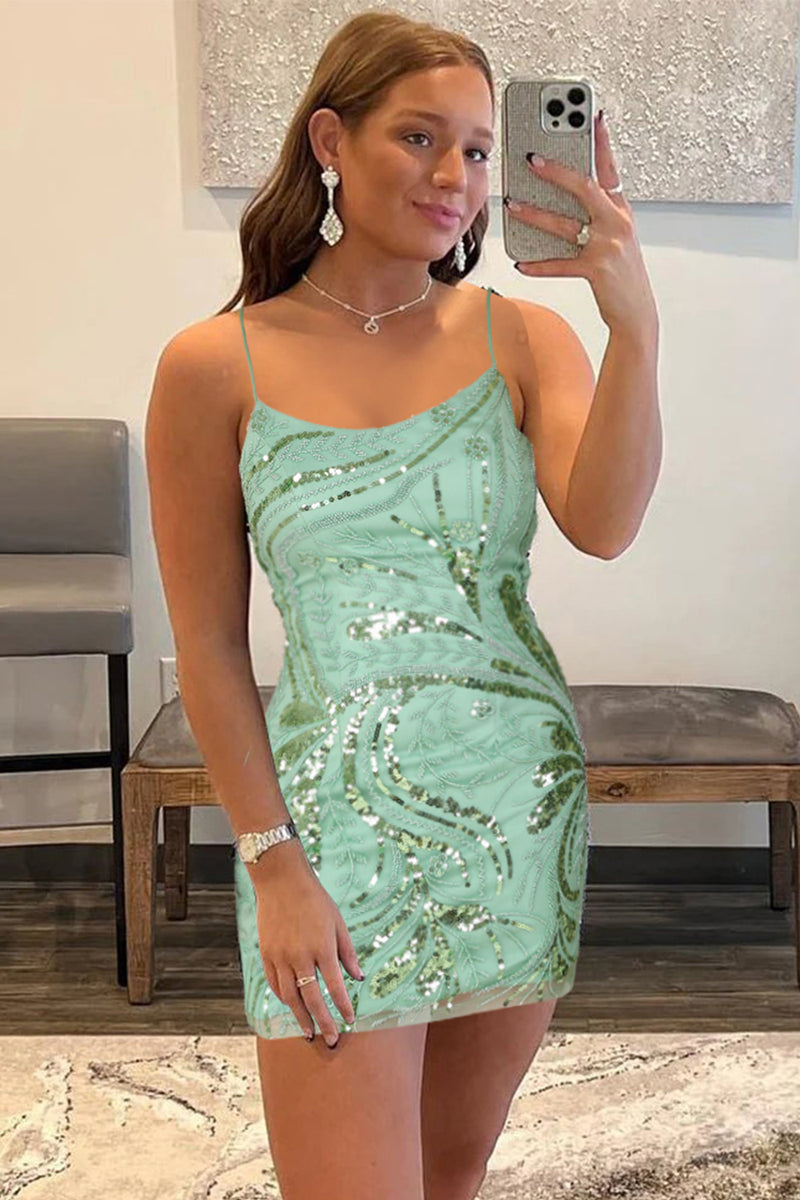 Load image into Gallery viewer, Green Bodycon Lace Up Sequined Short Party Dress