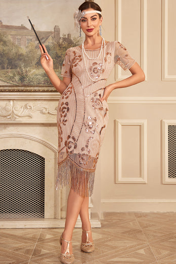 Sparkly Blush Fringed 1920s Flapper Dress