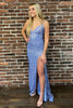 Load image into Gallery viewer, Glitter Blue Mermaid Backless Long Prom Dress With Slit