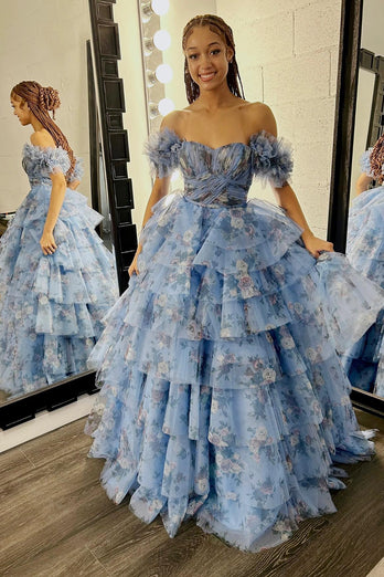 Blue Off the Shoulder Floral Printed Tiered Prom Dress with Pleated