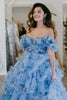 Load image into Gallery viewer, Blue Off the Shoulder Floral Printed Tiered Prom Dress with Pleated