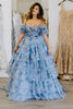 Load image into Gallery viewer, Blue Off the Shoulder Floral Printed Tiered Prom Dress with Pleated