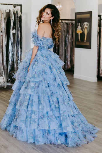 Blue Off the Shoulder Floral Printed Tiered Prom Dress with Pleated