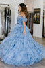 Load image into Gallery viewer, Blue Off the Shoulder Floral Printed Tiered Prom Dress with Pleated