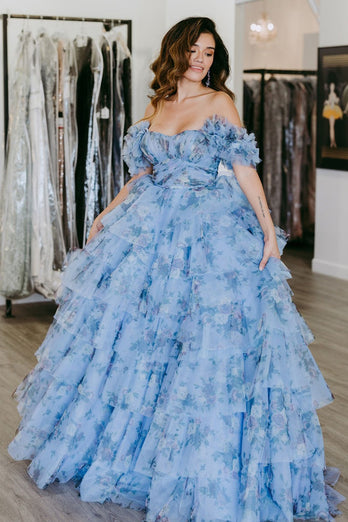 Blue Off the Shoulder Floral Printed Tiered Prom Dress with Pleated