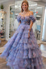 Load image into Gallery viewer, Blue Off the Shoulder Floral Printed Tiered Prom Dress with Pleated