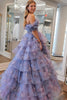 Load image into Gallery viewer, Blue Off the Shoulder Floral Printed Tiered Prom Dress with Pleated