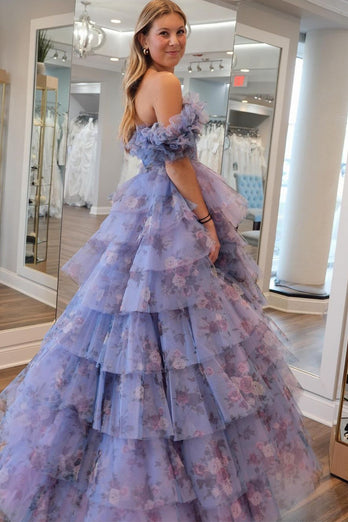 Blue Off the Shoulder Floral Printed Tiered Prom Dress with Pleated